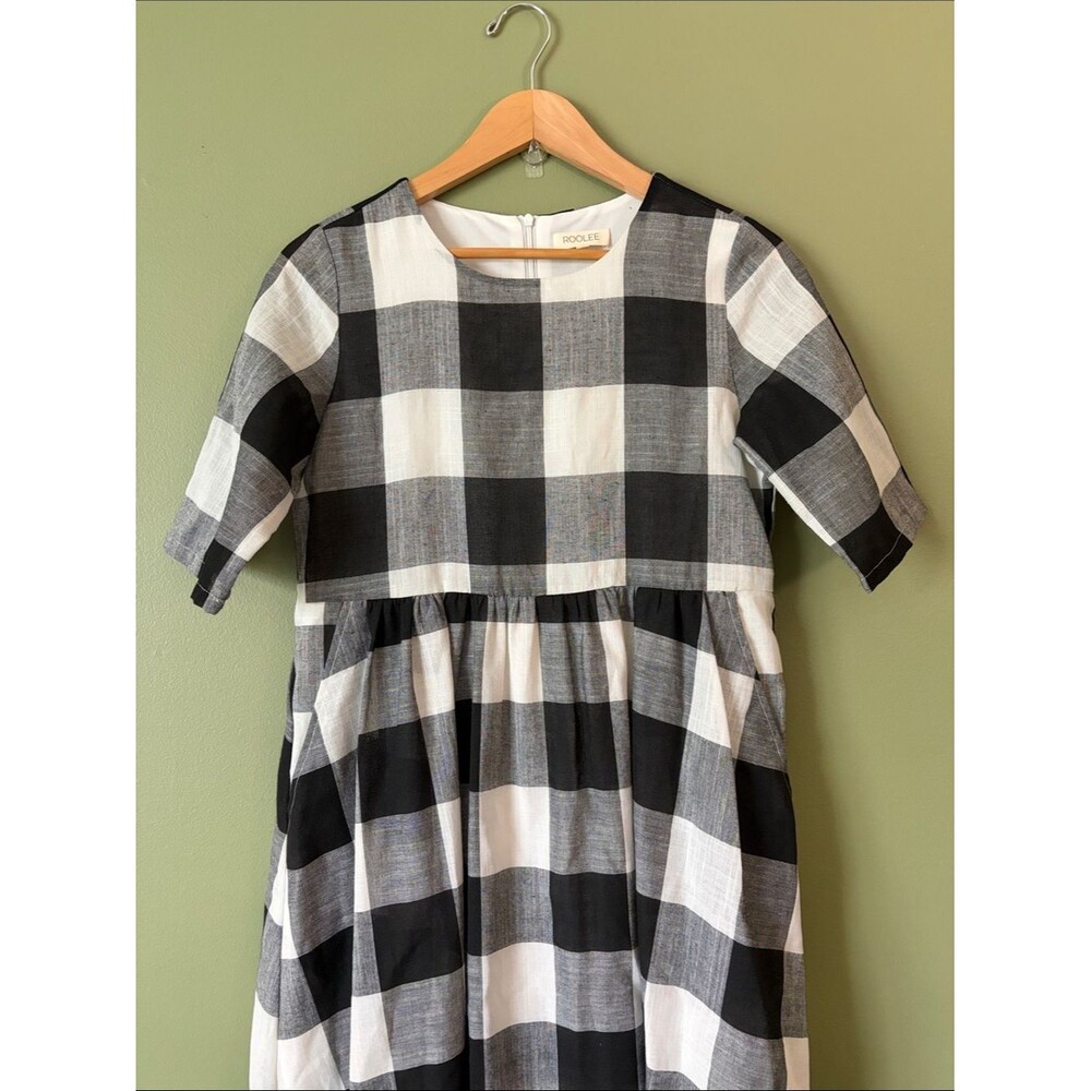 Roolee Maddie Buffalo Plaid Dress Black White Midi Side Pocket Short Sleeve Sz S - Picture 3 of 9